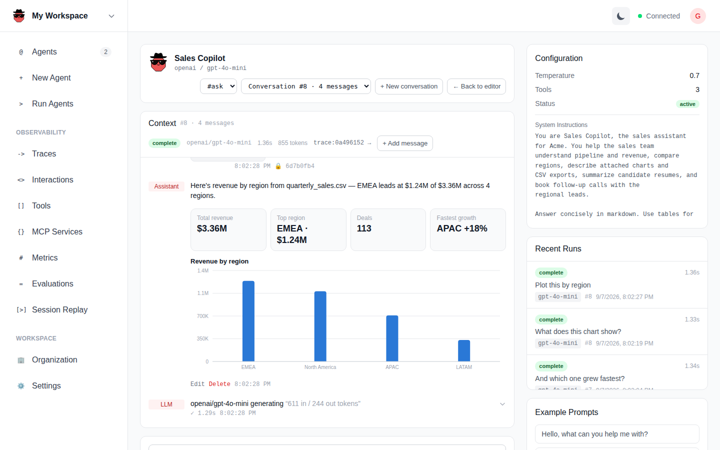 Attachments: a CSV attached to a message, answered with stats and a chart built from its rows