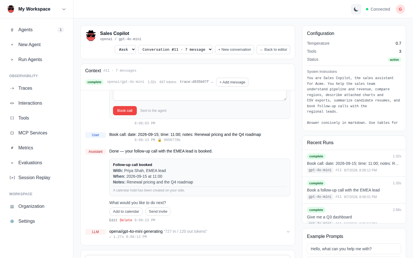 Generative UI: the confirmation card and choice buttons after the form was submitted