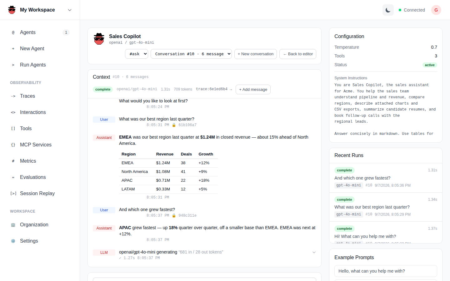 Run Agent: a pinned conversation with the live activity feed and the composer